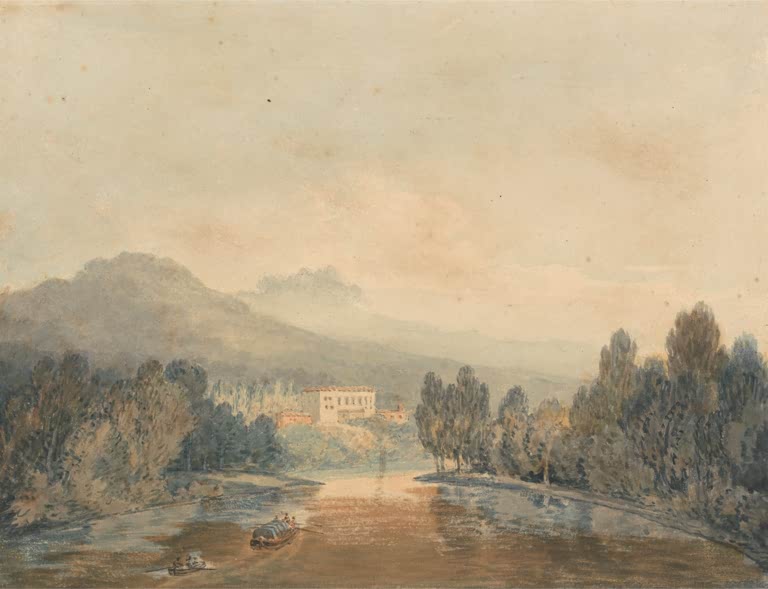 William Turner Villa Salviati am Arno Kunstkopie, helle Villa am Fluss zwischen Bäumen mit Lastkahn vor Bergsilhouette