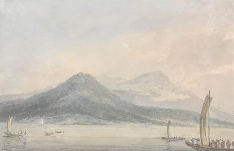 William Turner Von der Isola Borromea, Lago Maggiore Kunstkopie, Berge über ruhigem See mit Segelbooten