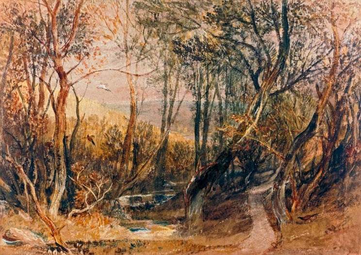 William Turner Waldlandschaft Kunstkopie, herbstlich gefärbte Bäume an einem Pfad mit Bachlauf und fernem Ausblick