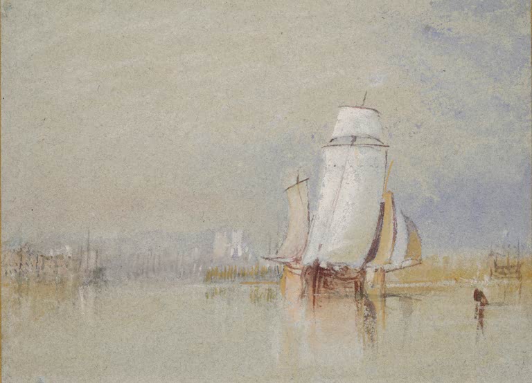 William Turner Windstille auf der Loire Kunstkopie, weiße Segel eines Lastboots in sanftem Dunst über glattem Wasser