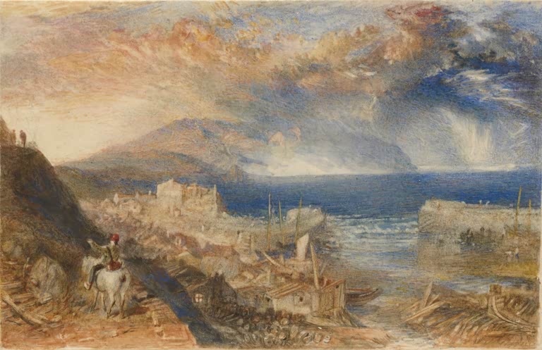 William Turner Wolf's Hope bei Eyemouth Kunstkopie, Küstenhafen mit Reiter, Hügel und dramatischem Wolkenhimmel
