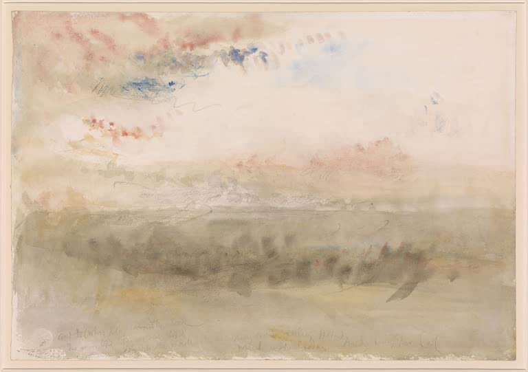 William Turner Wrack auf den Goodwin Sands Kunstkopie, zarte Aquarellskizze mit rosa Wolken über flacher Küste