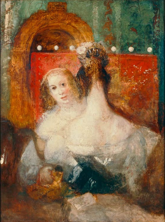 William Turner Zwei Frauen mit einem Brief Kunstkopie, junge Frauen in hellen Kleidern vor rotem Sessel und grüner Wand