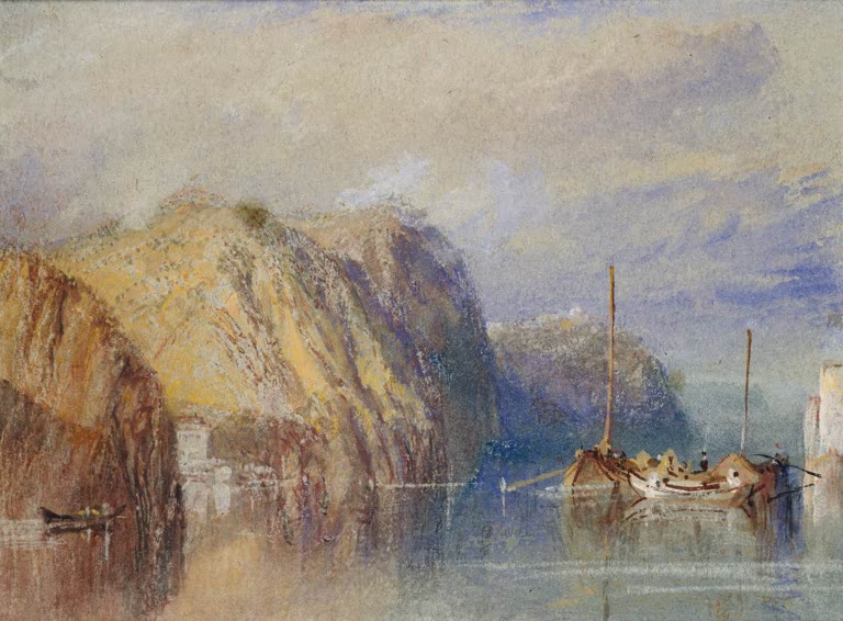 William Turner Zwischen Clairmont und Mauves Kunstkopie, goldene Felswände an der Loire mit zwei Lastkähnen vor blauem Himmel