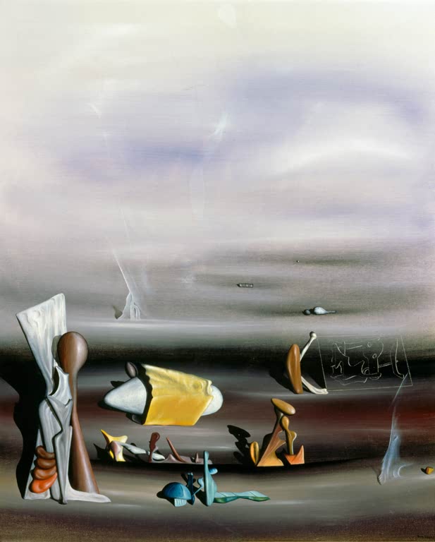 Bunte Formen und gelber Keil unter violettem Wolkenhimmel – Yves Tanguy Construire et détruire Kunstkopie