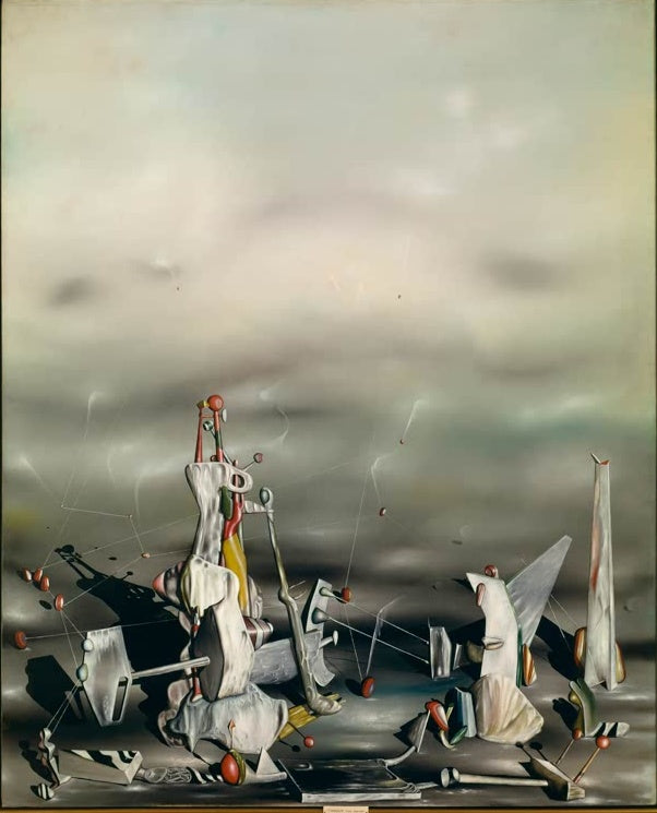 Weiträumige graue Dunstlandschaft mit Gebilden und roten Kugeln – Yves Tanguy Der Palast der Felsen aus Glas Kunstkopie