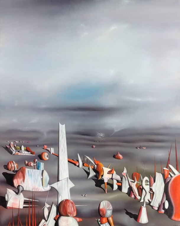 Grauer Himmel über roten und weißen scharfkantigen Gebilden – Yves Tanguy Die Schnelligkeit des Schlafes Kunstkopie