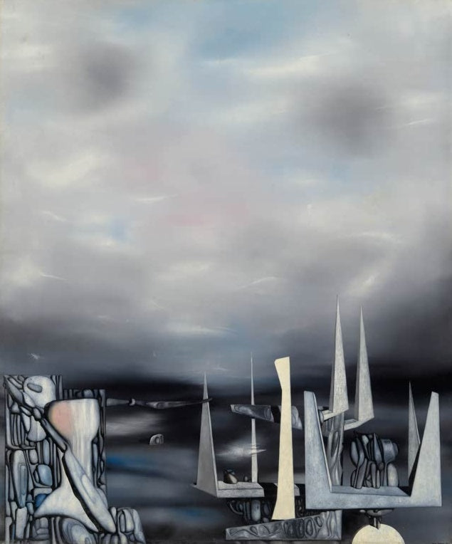 Dunkle Gewitterwolken über steinernen Türmen und weißen Spitzen – Yves Tanguy Die Sterne durchbohren Kunstkopie