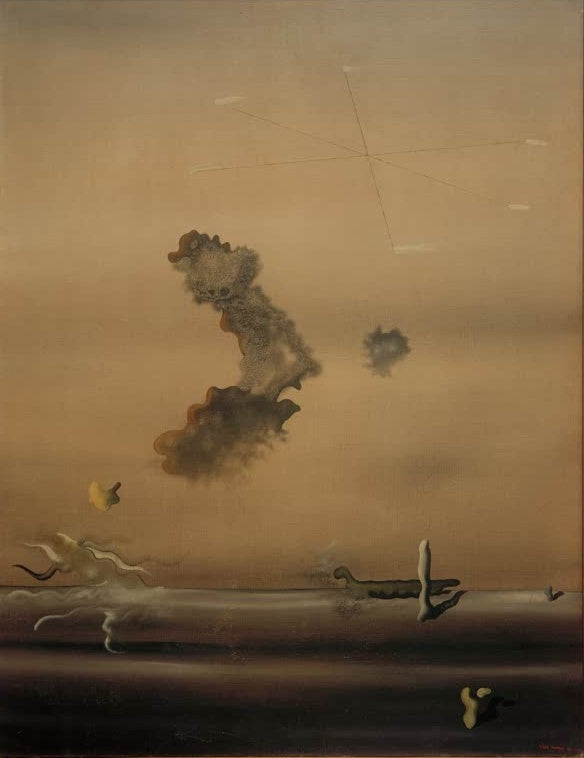 Brauner Himmel über dunklem Horizont mit schwebenden Wolkenformen und Linien – Yves Tanguy Draußen Kunstkopie