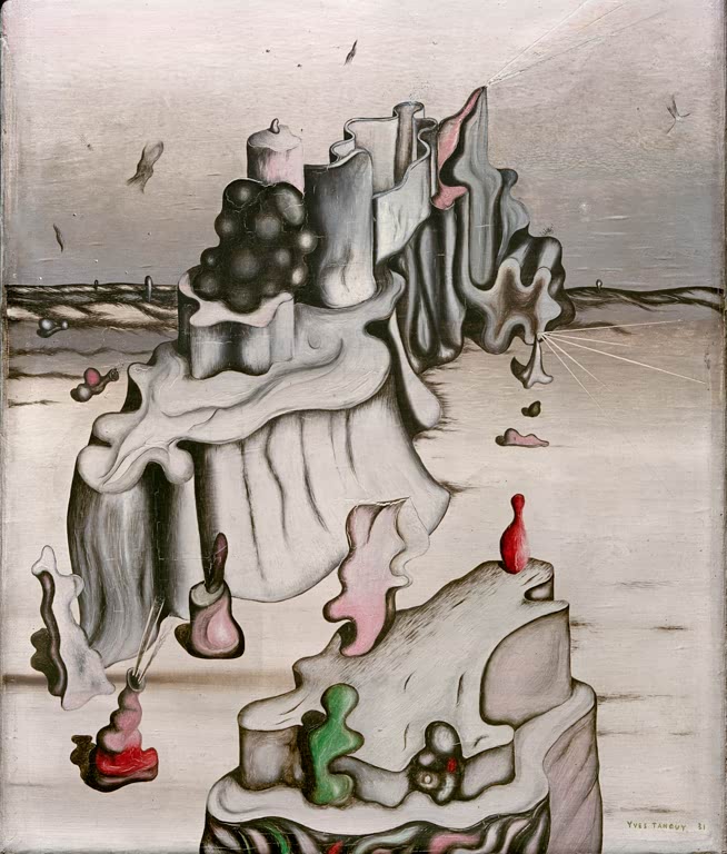 Graue Felslandschaft mit gefaltetem Turm, Trauben und rosa Formen – Yves Tanguy La Tour de l'ouest Kunstkopie