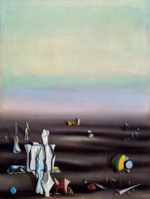 Weite Ebene unter zartem Farbverlauf mit schwebenden Fabelformen – Yves Tanguy Ohne Titel Kunstkopie