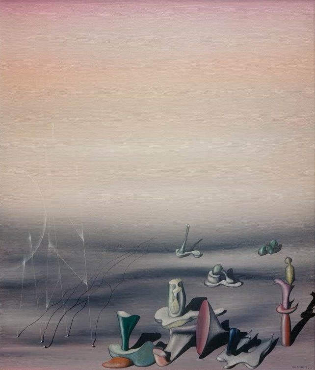 Rosa Dunsthimmel über surrealen Gebilden und feinen Fäden – Yves Tanguy Sans titre (Quelques Messieurs) Kunstkopie