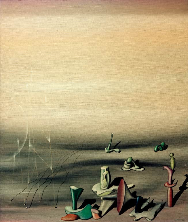 Sandfarbene Ebene mit kleinen bunten Fabelwesen und Netzfäden – Yves Tanguy Sans titre (Quelques Messieurs) Kunstkopie