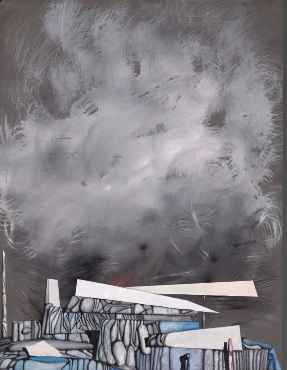Graue Wolkenwirbel über steinernen Gebilden und weißen Spitzen – Yves Tanguy Thar Kunstkopie
