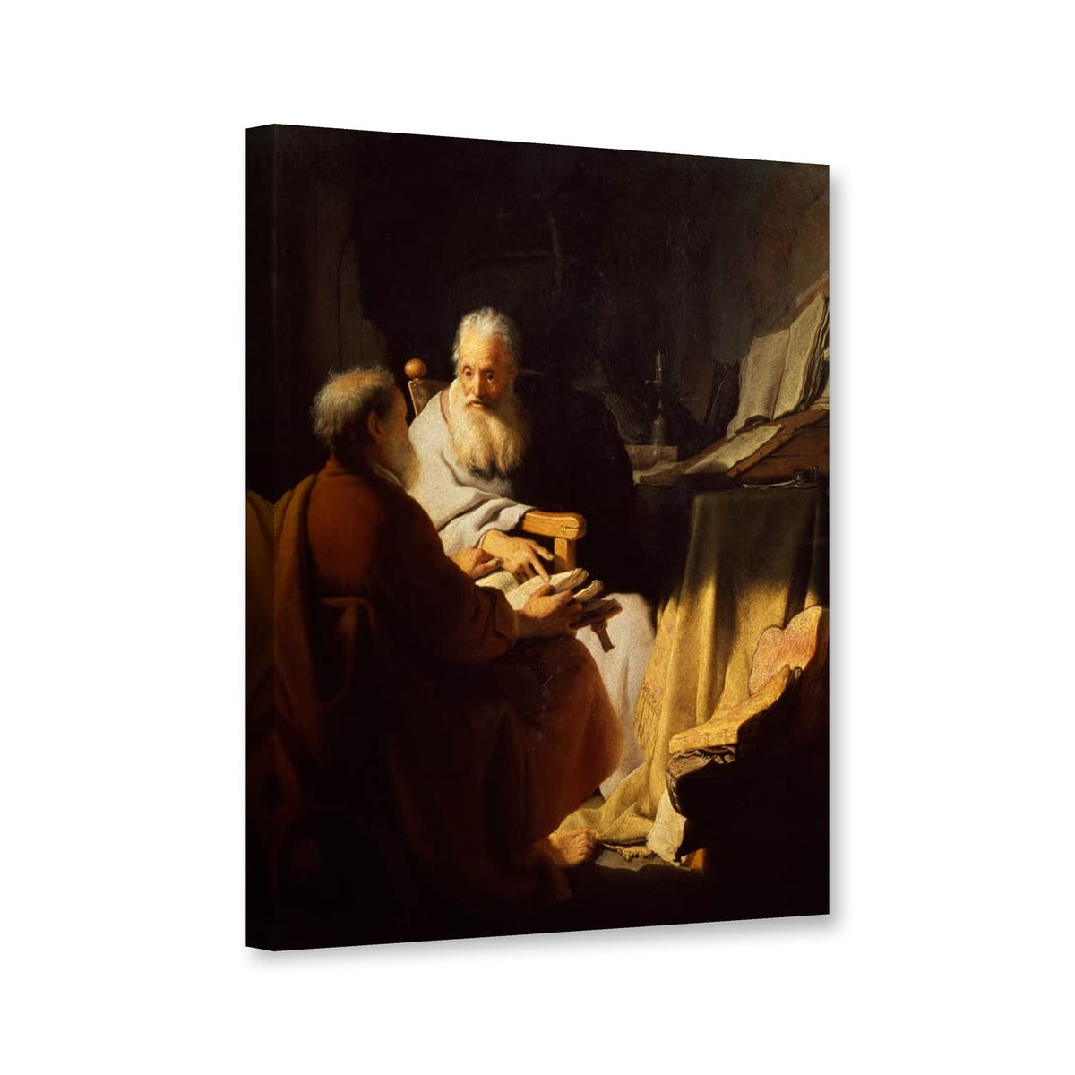 Zwei alte Männer im Gespräch von Rembrandt van Rijn als Leinwand – Perspektivansicht